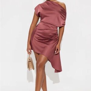 Fashion Nova Asymmetrical One-Shoulder Dress in Dusty Rose